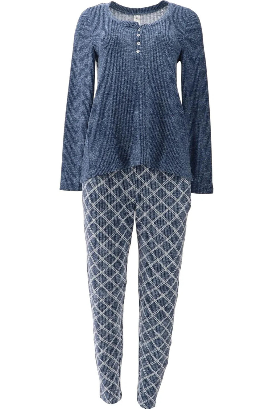 HUE Women's Textured Soft Rib Knit Lounge Set Indigo Lattice - Regular